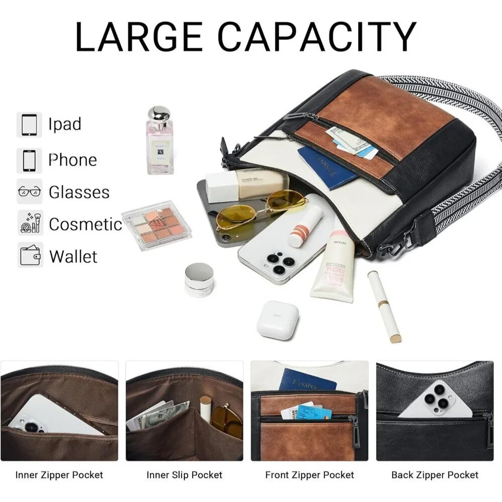 Women's Brown White Trendy Vegan Leather Purses Hobo Handbags Shoulder Bag